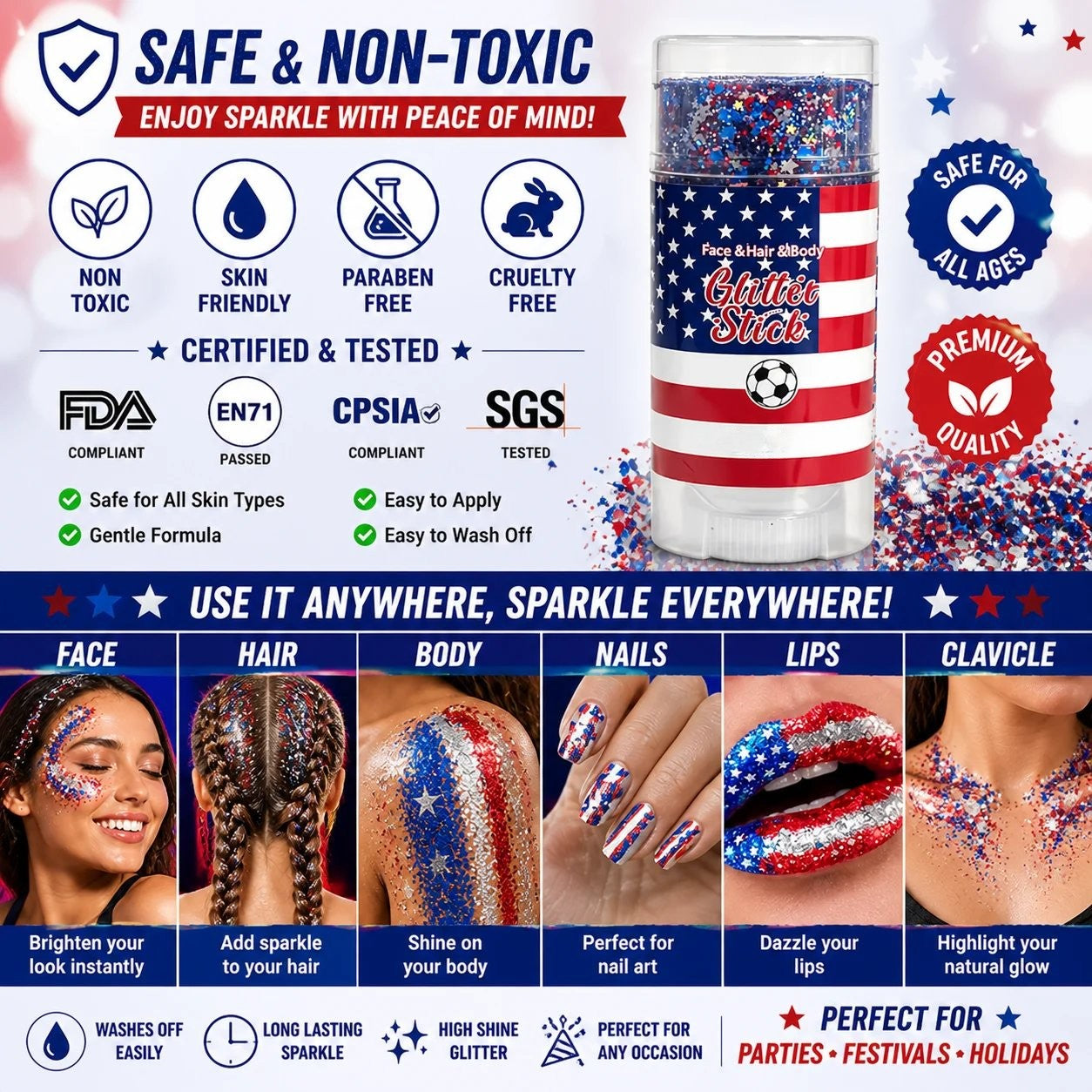 🔥🦅4th of July Glitter Stick✨🔔Red, White & Blue Body & Hair Sparkle