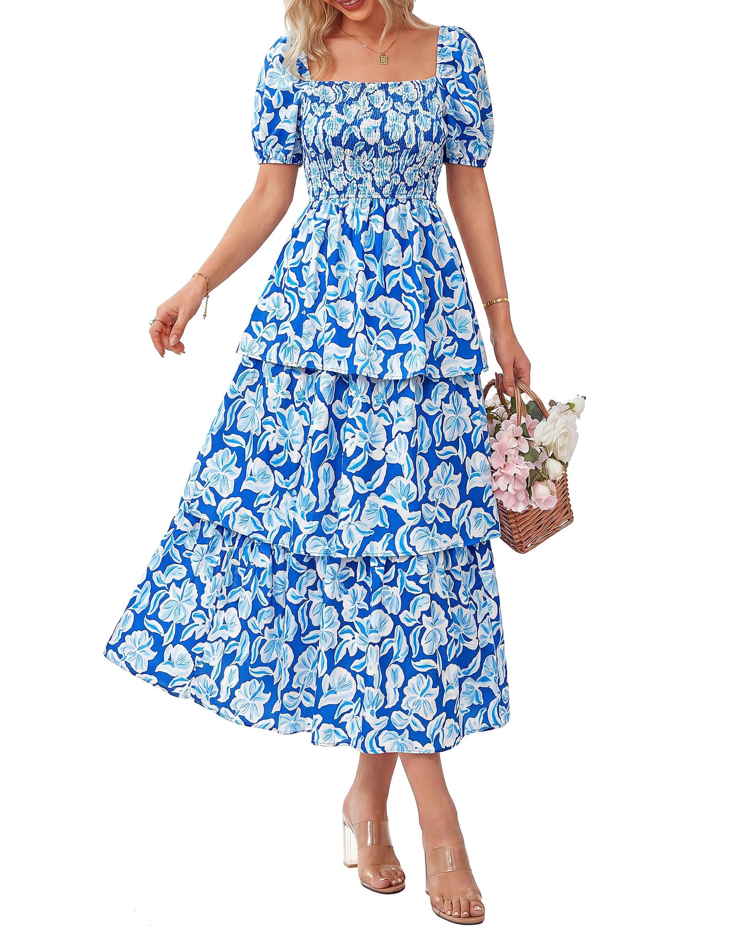 💃Women's Floral Square Neck Puff Short Sleeve Smocked Tiered Dress