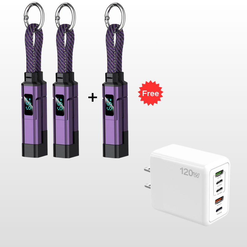 🔌 4-in-1 Charging Cable with Digital Display & Keychain – Fast-Charging, Kink-Resistant & Compact