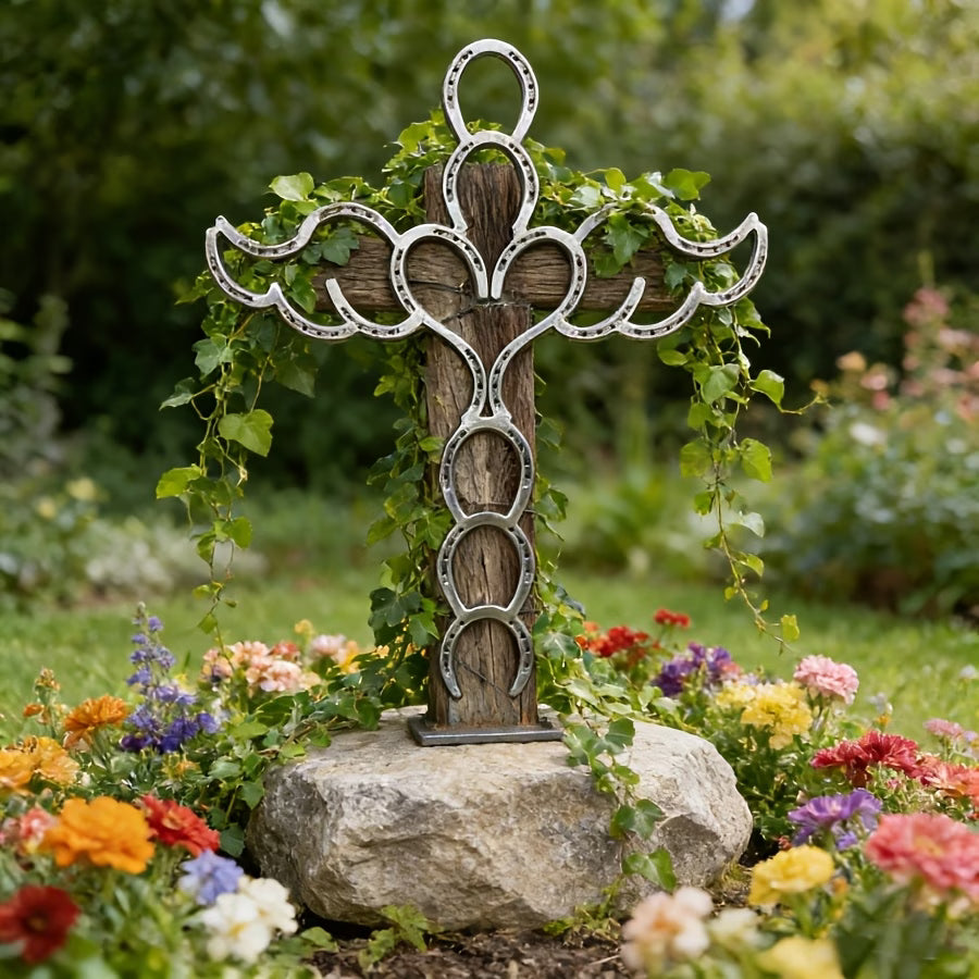 🔥Limited Edition! ✝️Handcrafted Angel Cross with Horseshoe And Heart for Garden Decoration
