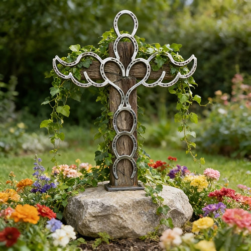 🔥Limited Edition! ✝️Handcrafted Angel Cross with Horseshoe And Heart for Garden Decoration