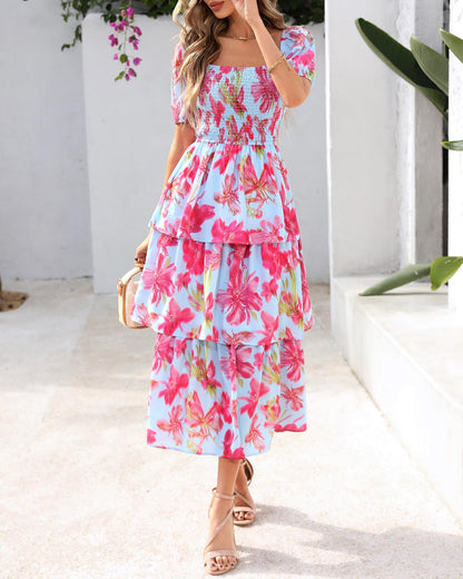 💃Women's Floral Square Neck Puff Short Sleeve Smocked Tiered Dress