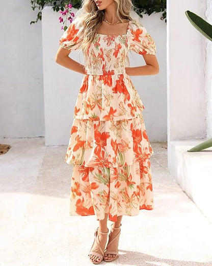 💃Women's Floral Square Neck Puff Short Sleeve Smocked Tiered Dress