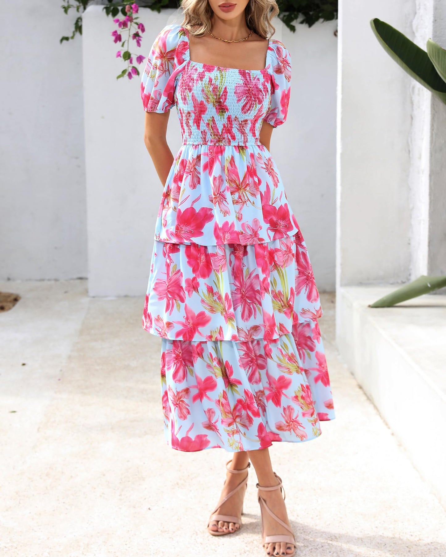 💃Women's Floral Square Neck Puff Short Sleeve Smocked Tiered Dress