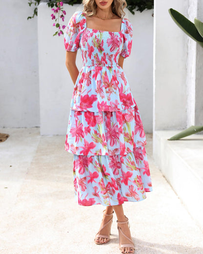 💃Women's Floral Square Neck Puff Short Sleeve Smocked Tiered Dress