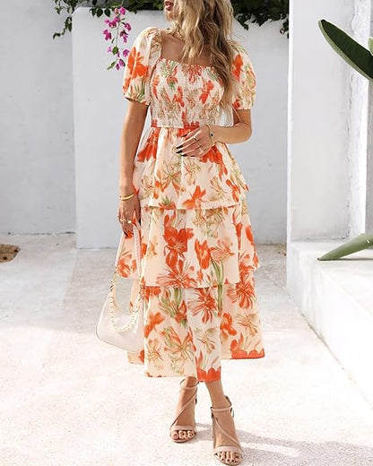 💃Women's Floral Square Neck Puff Short Sleeve Smocked Tiered Dress