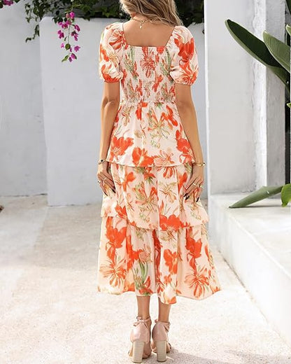 💃Women's Floral Square Neck Puff Short Sleeve Smocked Tiered Dress