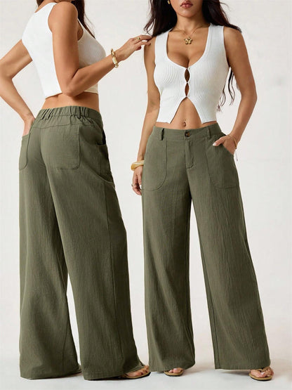 Women's Cotton Linen Palazzo Pants Summer Flowy Wide Straight Leg Beach Trousers With Pocket