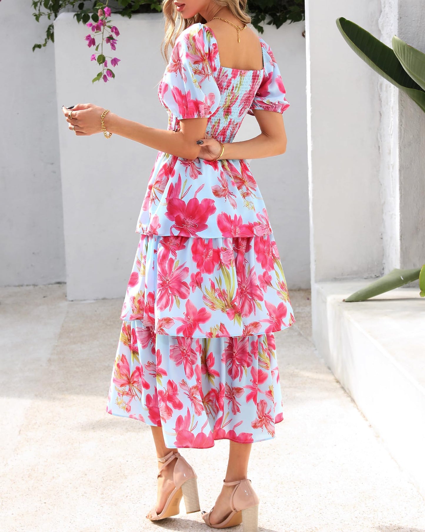 💃Women's Floral Square Neck Puff Short Sleeve Smocked Tiered Dress
