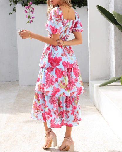 💃Women's Floral Square Neck Puff Short Sleeve Smocked Tiered Dress