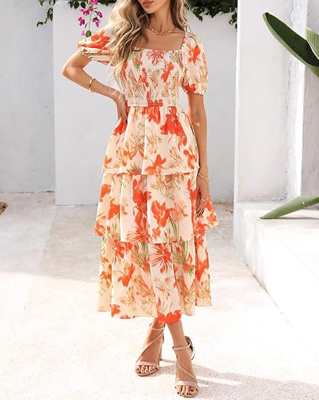 💃Women's Floral Square Neck Puff Short Sleeve Smocked Tiered Dress