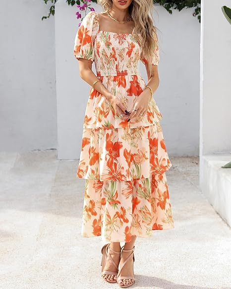 💃Women's Floral Square Neck Puff Short Sleeve Smocked Tiered Dress