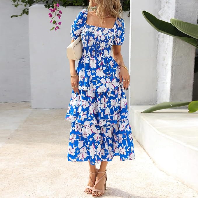 💃Women's Floral Square Neck Puff Short Sleeve Smocked Tiered Dress