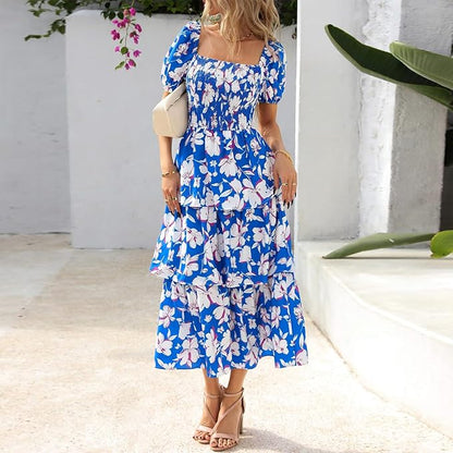 💃Women's Floral Square Neck Puff Short Sleeve Smocked Tiered Dress
