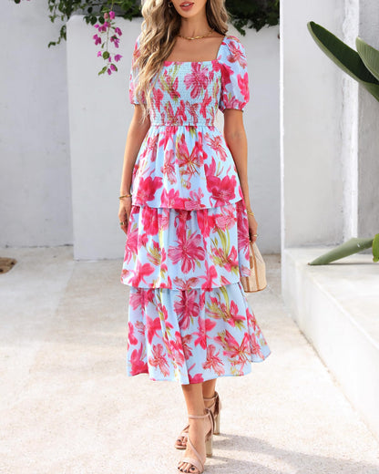 💃Women's Floral Square Neck Puff Short Sleeve Smocked Tiered Dress