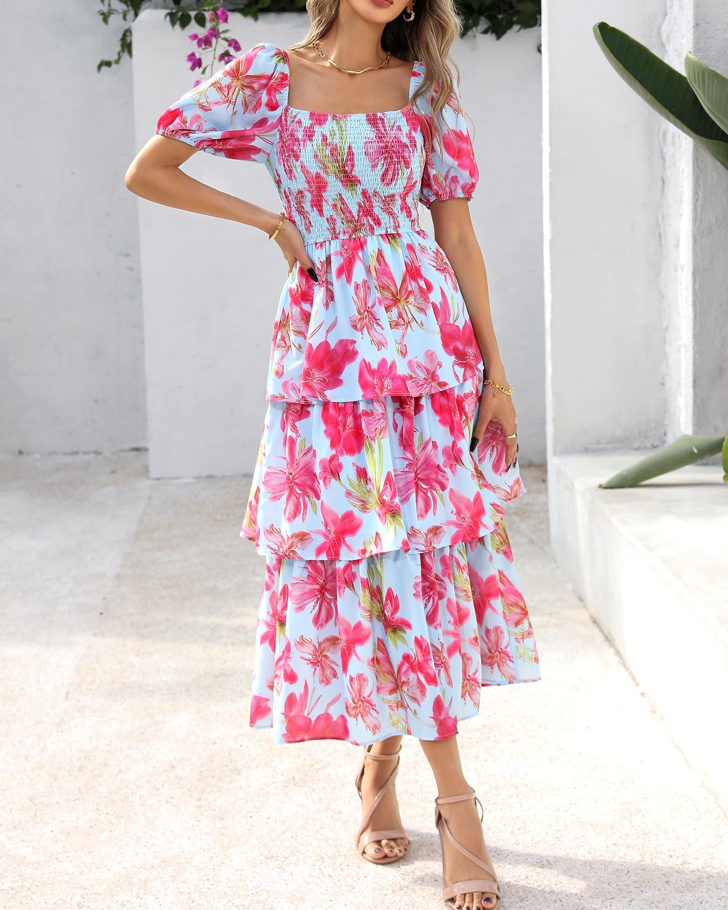 💃Women's Floral Square Neck Puff Short Sleeve Smocked Tiered Dress