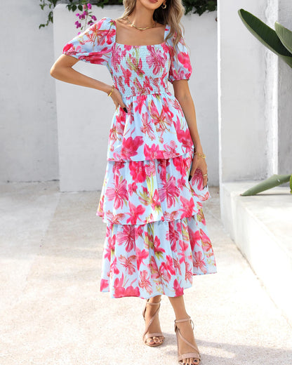 💃Women's Floral Square Neck Puff Short Sleeve Smocked Tiered Dress