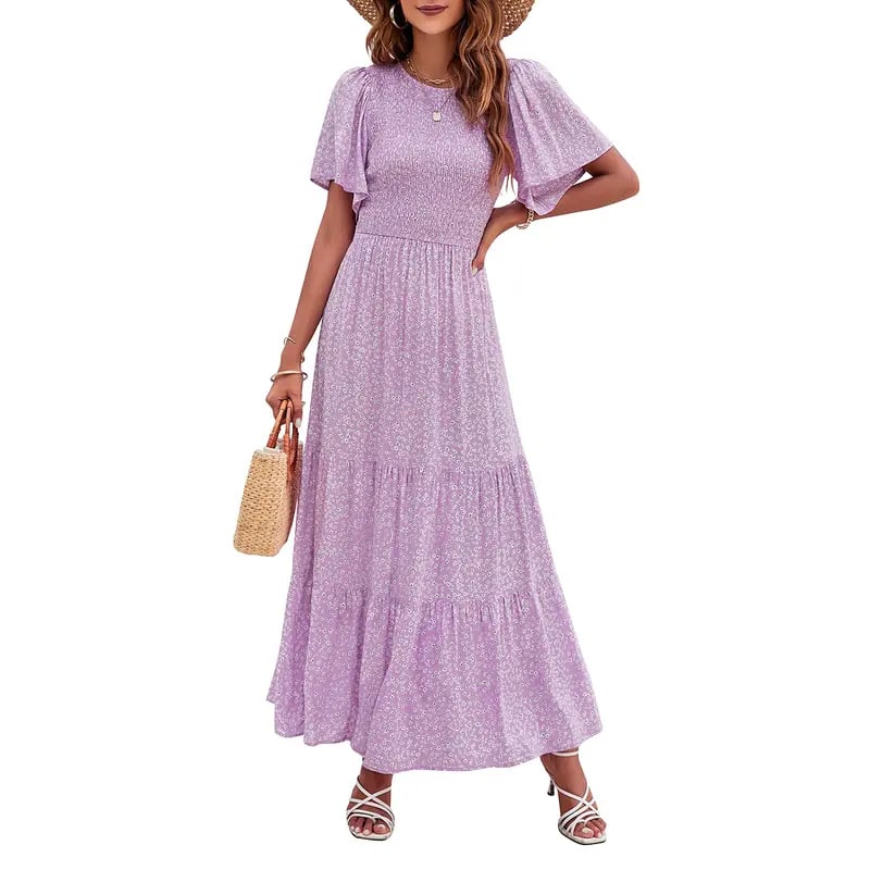 Women's 2026 Summer Casual Floral Print Short Flutter Sleeve Crew Neck Smocked High Waist Flowy Maxi Dress
