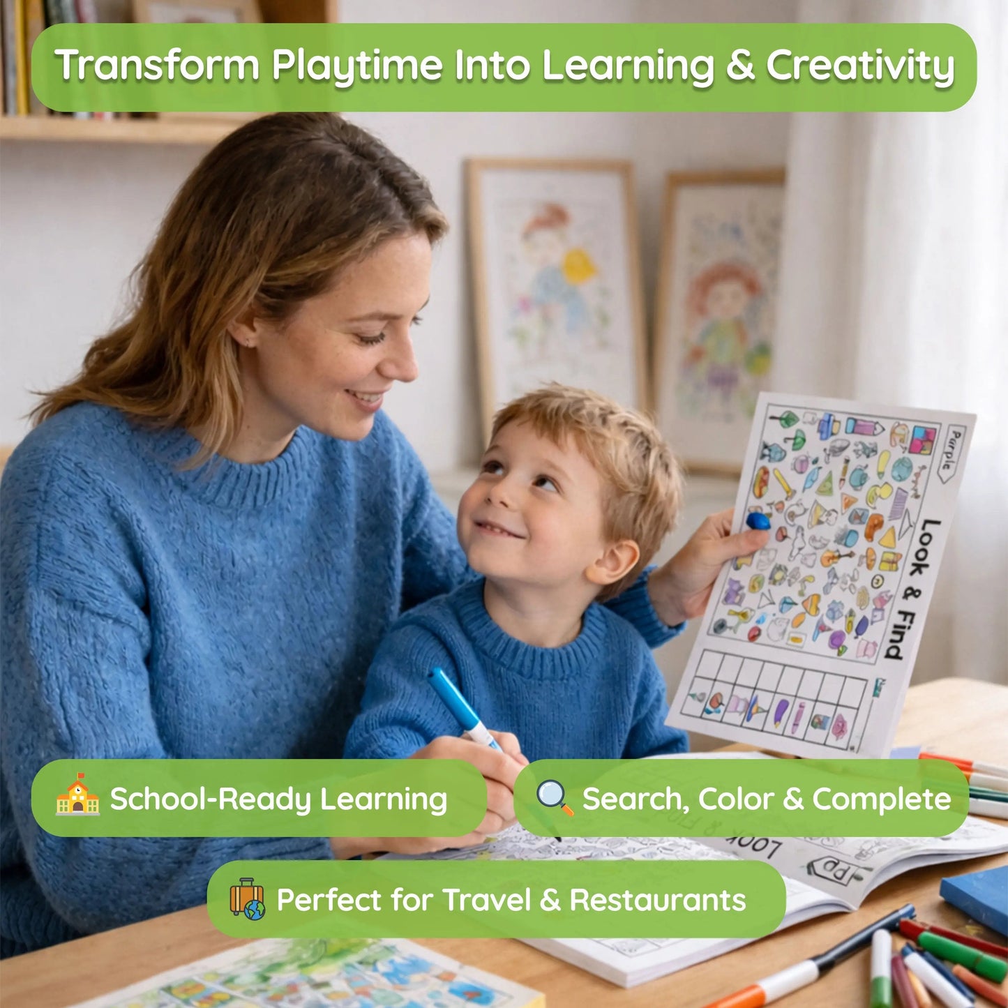 ✍️🧠Interactive Look & Find Coloring Book - ✨Ages 3+, 1000+ Pictures, Preschool Learning & Family Fun