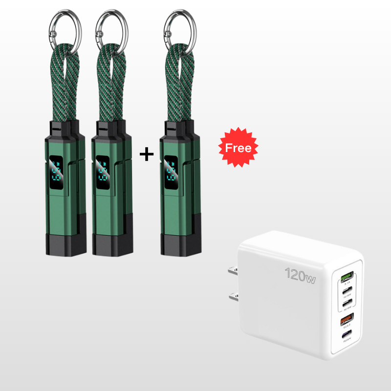 🔌 4-in-1 Charging Cable with Digital Display & Keychain – Fast-Charging, Kink-Resistant & Compact