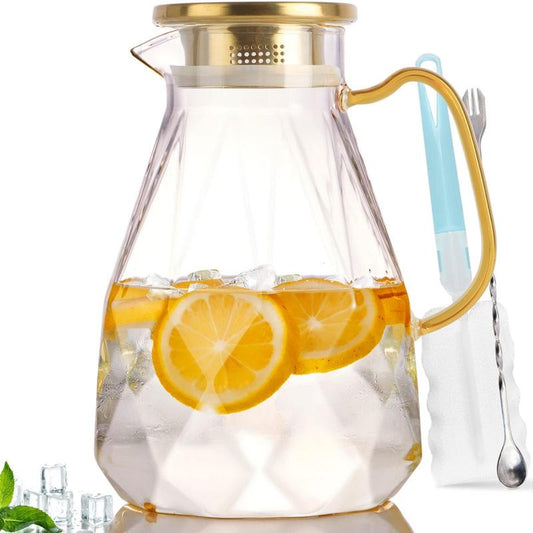 Diamond Glass Pitcher – 74oz / 2.2L Borosilicate Glass Beverage Server with Stainless Steel Lid