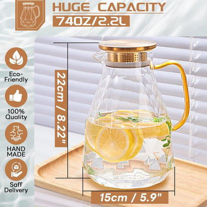 Diamond Glass Pitcher – 74oz / 2.2L Borosilicate Glass Beverage Server with Stainless Steel Lid
