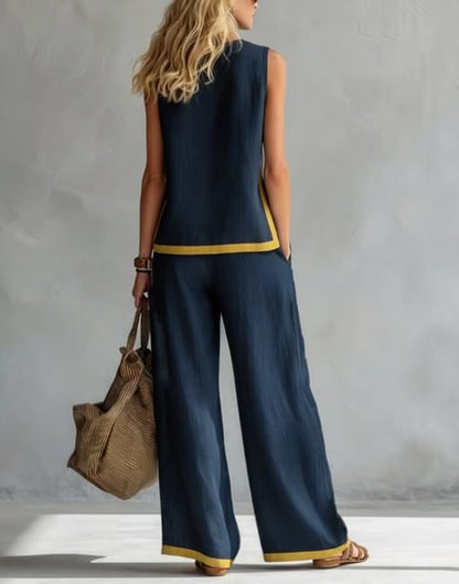 2026 Casual Two Piece Set for Women – Sleeveless Color Block Top & Wide Leg Pants| Color Block Comfort & Style ✨👚