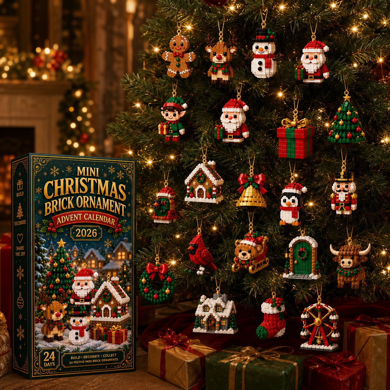⏳ Last Day 49% OFF – 🎄24-Day Mini Christmas Brick Ornament Advent Calendar | 24 Unique Buildable Holiday Designs with Hanging Loops for Trees, Garlands & Festive Displays 🧱