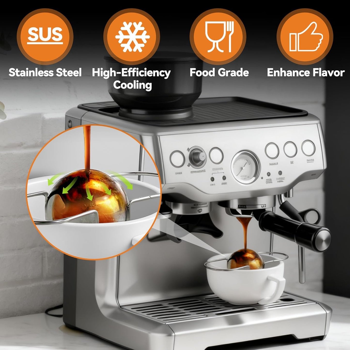 ☕❄️ Espresso Cooling Ball • Stainless Steel Frozen Ice Rocks for Coffee