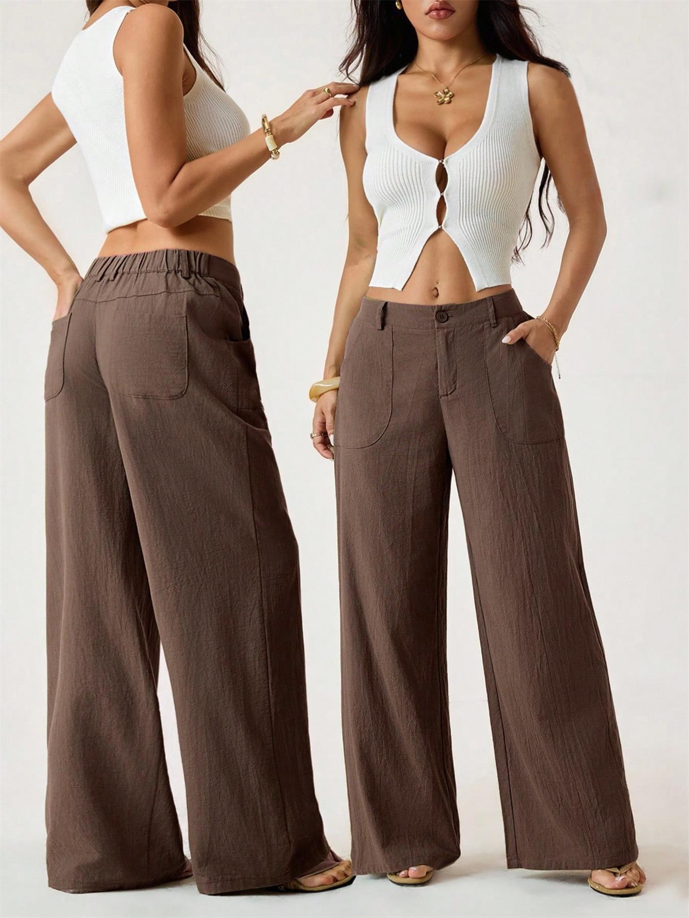 Women's Cotton Linen Palazzo Pants Summer Flowy Wide Straight Leg Beach Trousers With Pocket