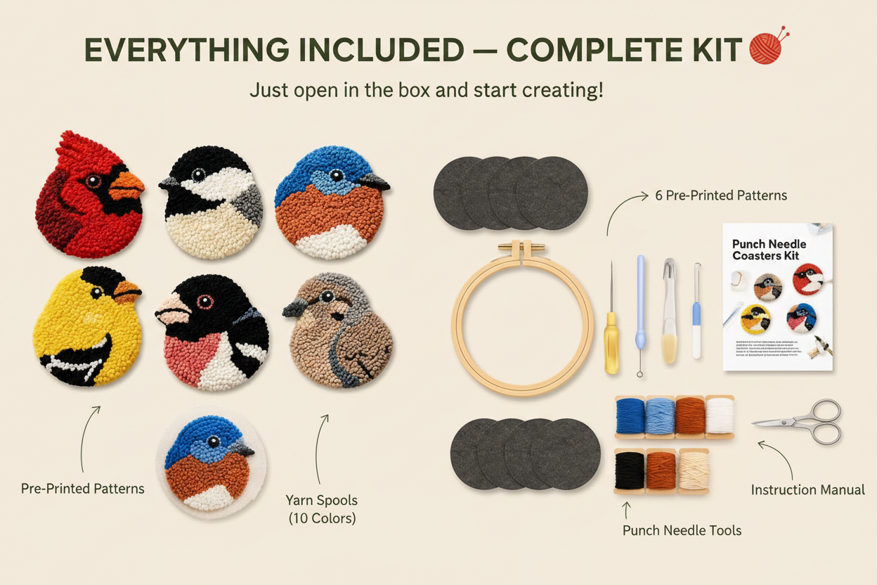 🧵Beginner-Friendly🐦DIY Bird Coasters Punch Needle Kit☕(Quick-Dry, Moisture-Proof & Easy-Clean)