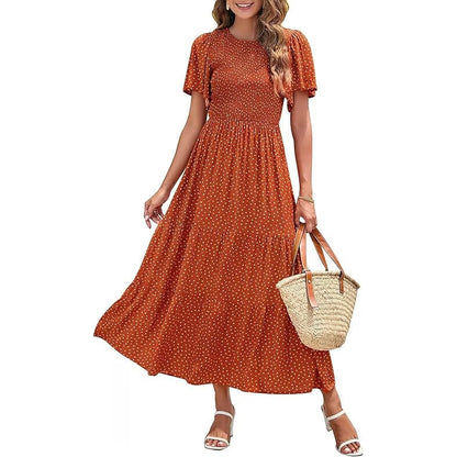 Women's 2026 Summer Casual Floral Print Short Flutter Sleeve Crew Neck Smocked High Waist Flowy Maxi Dress