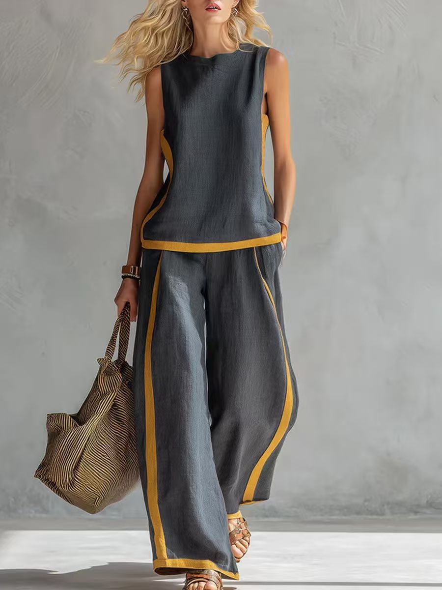 2026 Casual Two Piece Set for Women – Sleeveless Color Block Top & Wide Leg Pants| Color Block Comfort & Style ✨👚