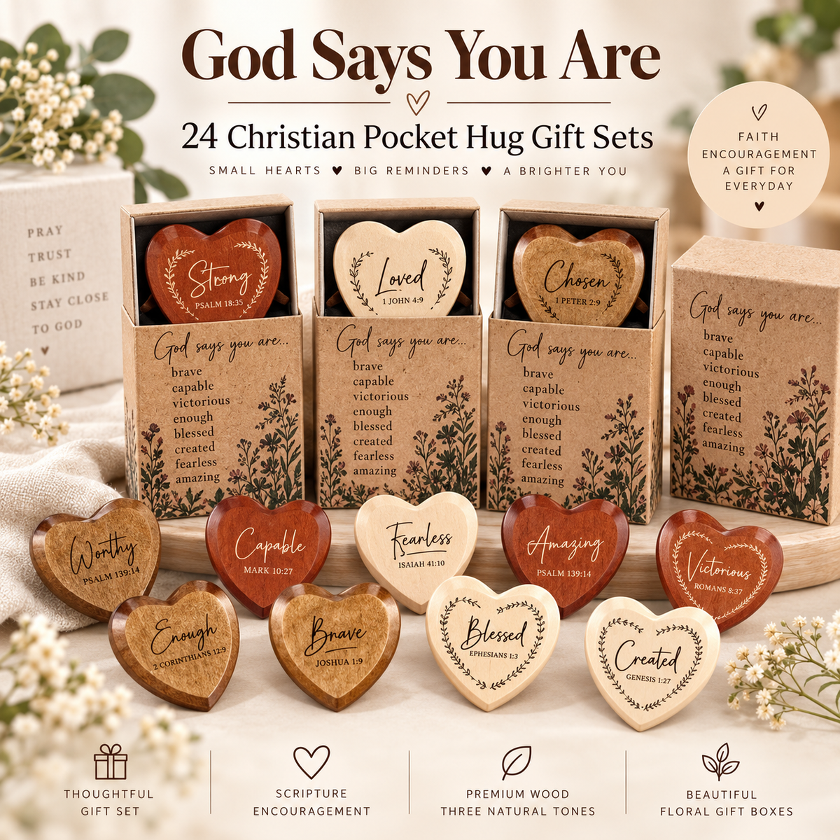 ✝️ God Says You Are – 24 Christian Wooden Heart Pocket Hug Gift Set