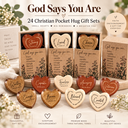 ✝️ God Says You Are – 24 Christian Wooden Heart Pocket Hug Gift Set