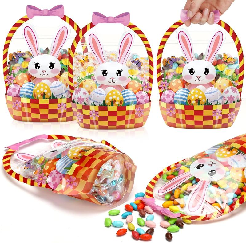 Easter Goodie Bags Plastic Candy Gift Bags with Handle Bunny Chick Pattern Transparent Treat Bags