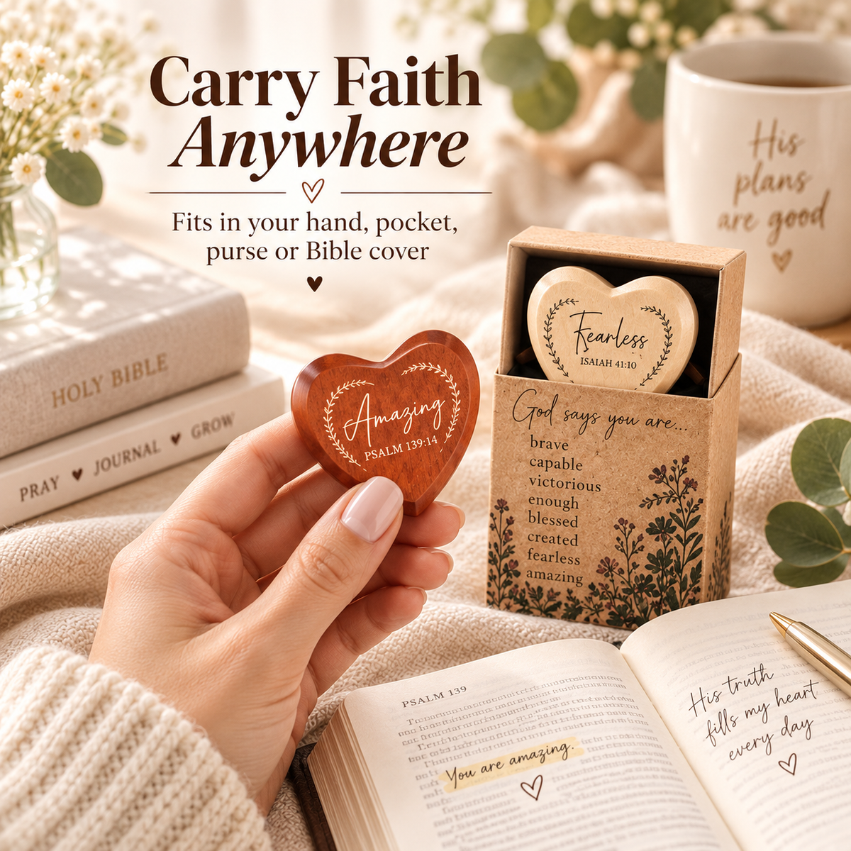 ✝️ God Says You Are – 24 Christian Wooden Heart Pocket Hug Gift Set
