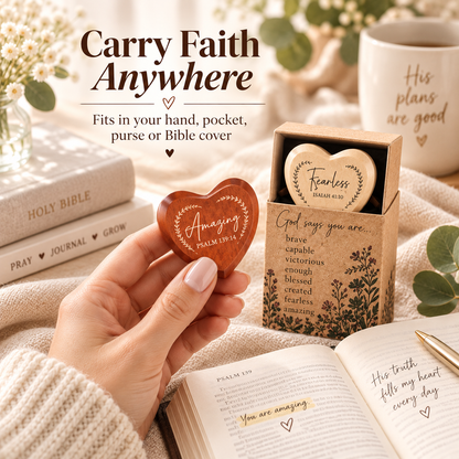 ✝️ God Says You Are – 24 Christian Wooden Heart Pocket Hug Gift Set
