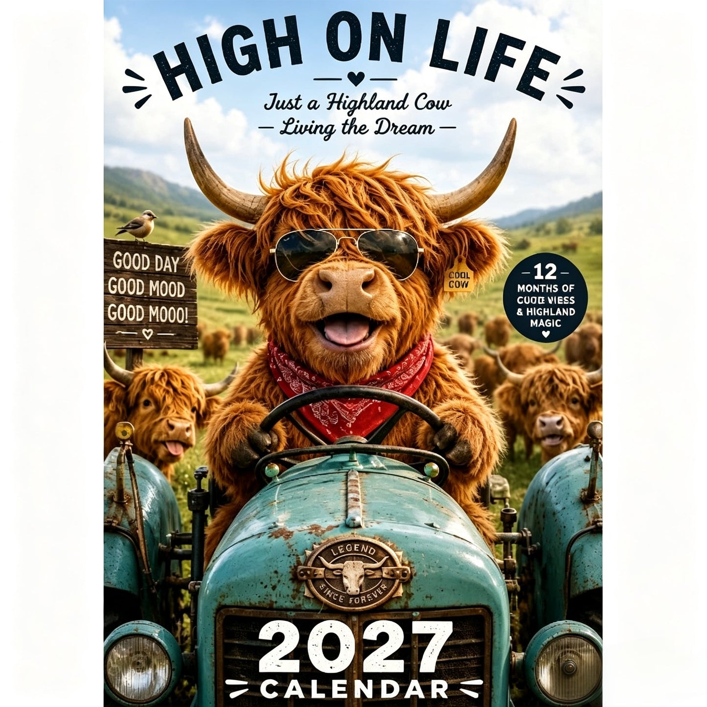 2027 Funny Highland Cow Wall Calendar A4 Hanging Calendar