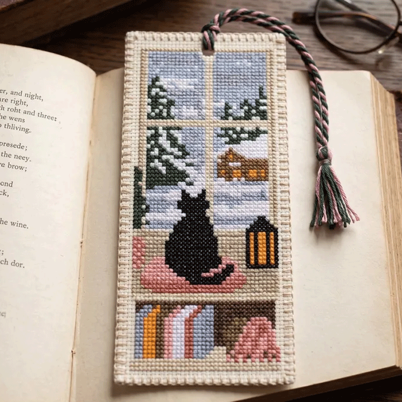 🐈📚Seasonal Cat Cross Stitch Bookmark – Cozy Reading Companion