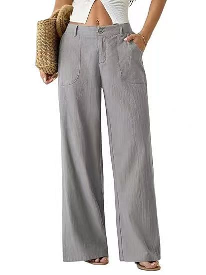 Women's Cotton Linen Palazzo Pants Summer Flowy Wide Straight Leg Beach Trousers With Pocket