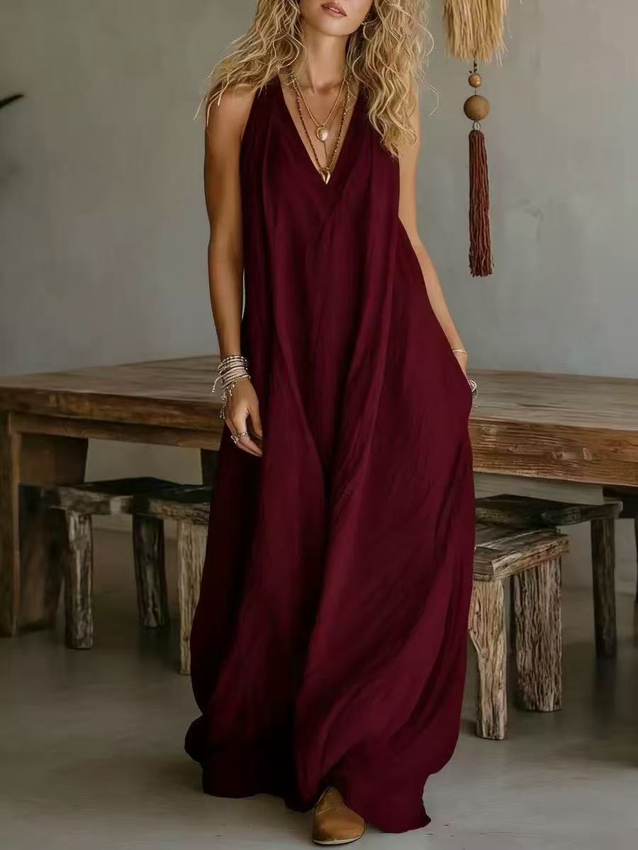 Casual Sleeveless Loose-Fitting V-Neck Long Dress for Ladies