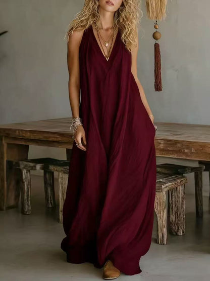 Casual Sleeveless Loose-Fitting V-Neck Long Dress for Ladies