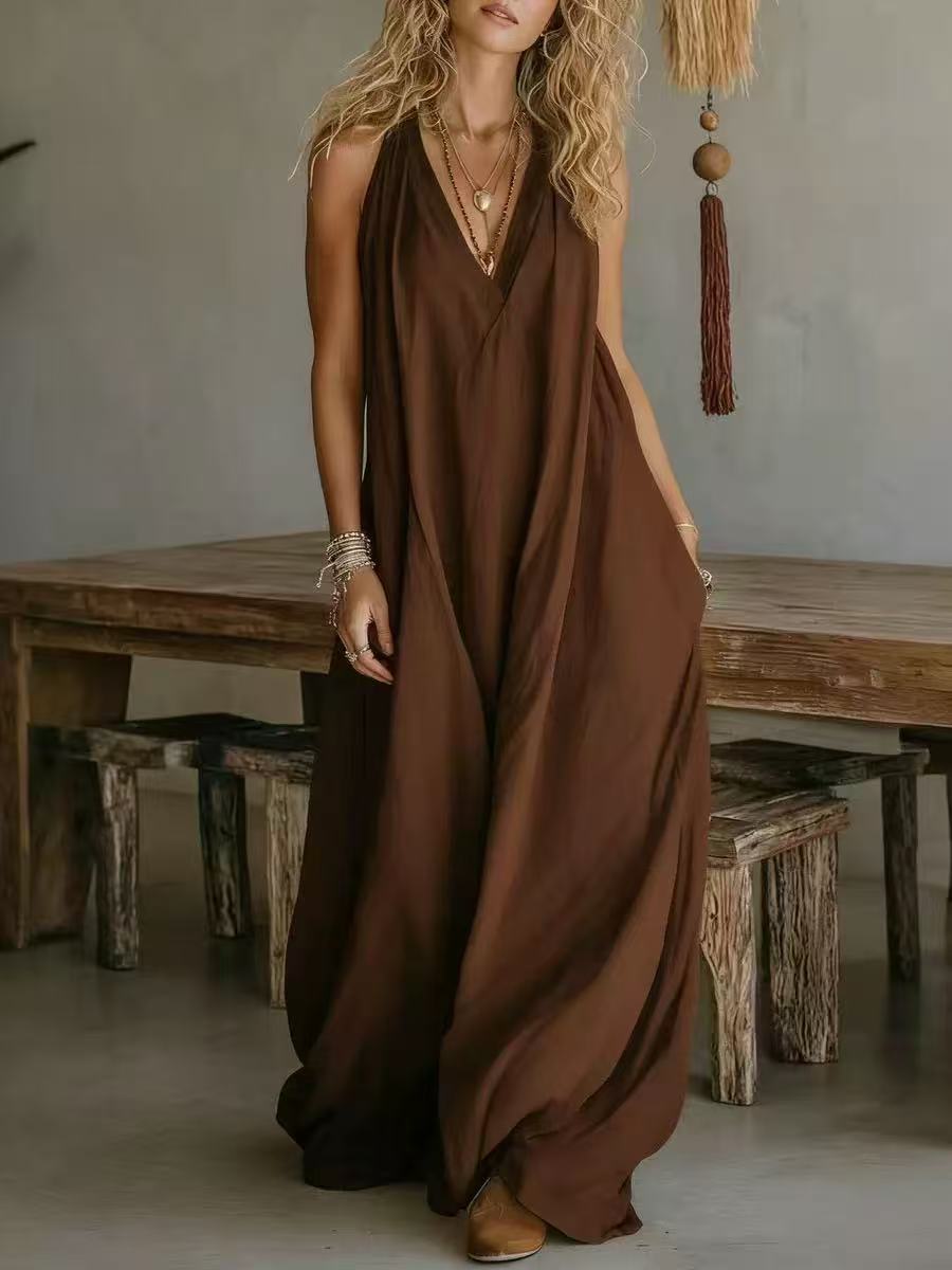 Casual Sleeveless Loose-Fitting V-Neck Long Dress for Ladies
