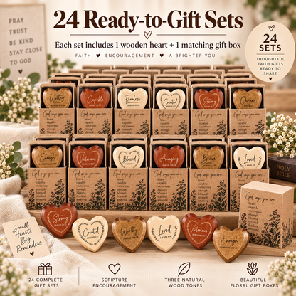 ✝️ God Says You Are – 24 Christian Wooden Heart Pocket Hug Gift Set