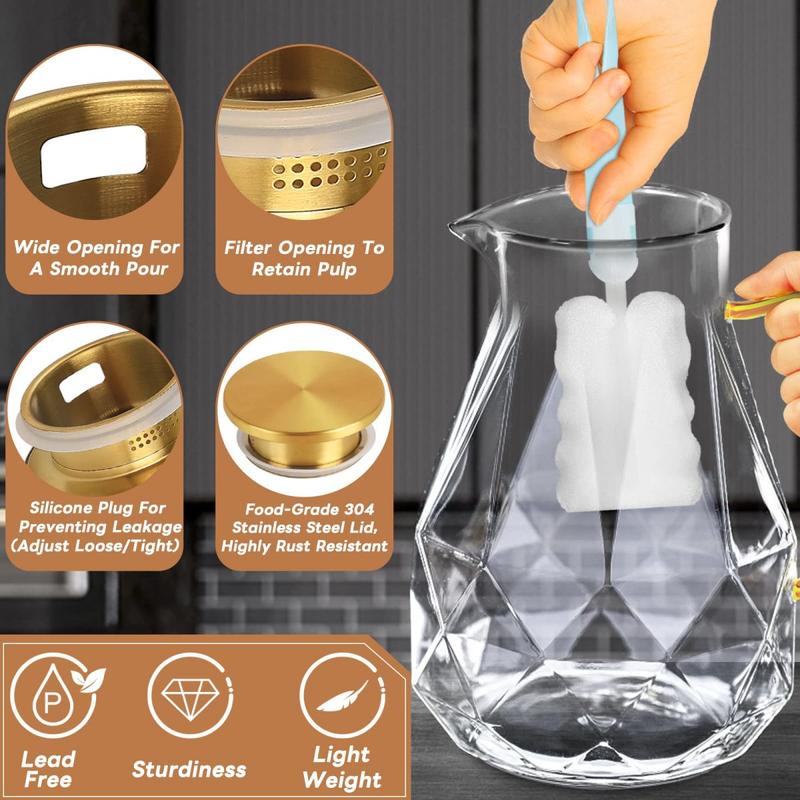 Diamond Glass Pitcher – 74oz / 2.2L Borosilicate Glass Beverage Server with Stainless Steel Lid