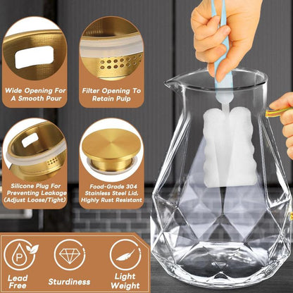 Diamond Glass Pitcher – 74oz / 2.2L Borosilicate Glass Beverage Server with Stainless Steel Lid