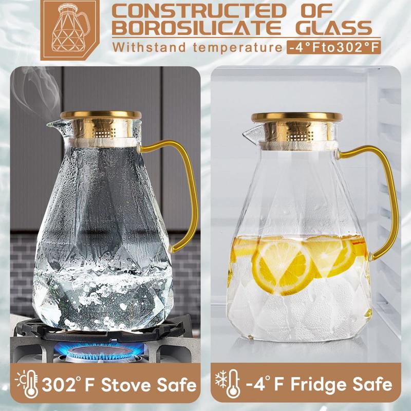 Diamond Glass Pitcher – 74oz / 2.2L Borosilicate Glass Beverage Server with Stainless Steel Lid