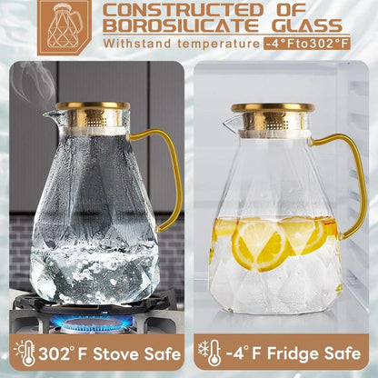 Diamond Glass Pitcher – 74oz / 2.2L Borosilicate Glass Beverage Server with Stainless Steel Lid