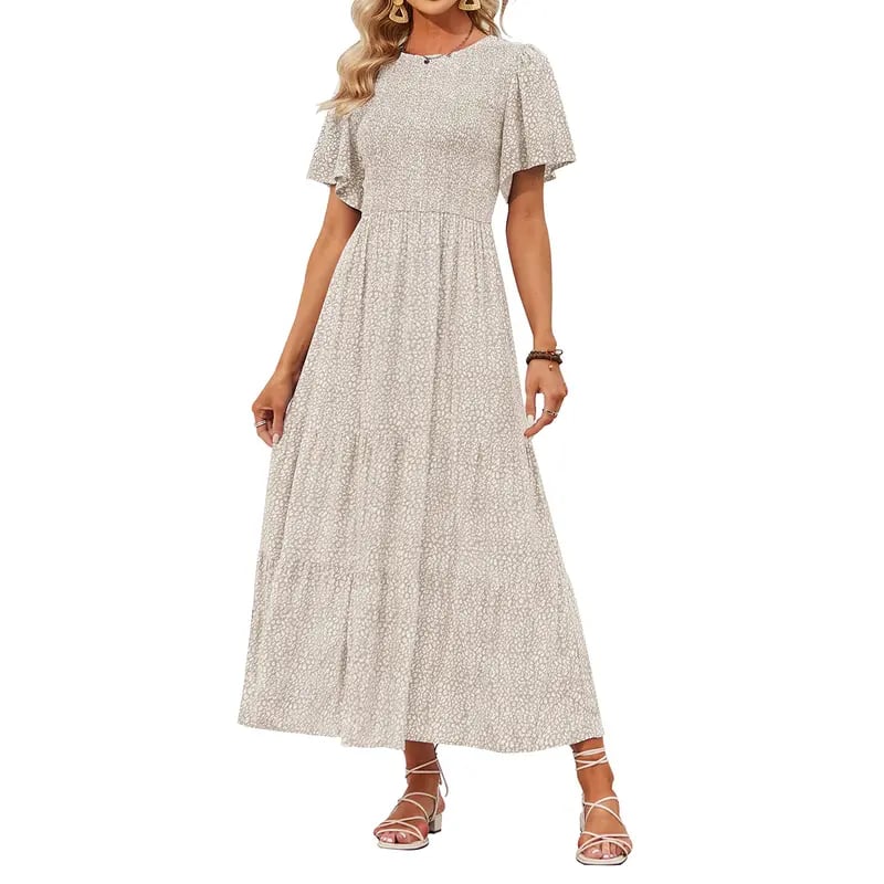 Women's 2026 Summer Casual Floral Print Short Flutter Sleeve Crew Neck Smocked High Waist Flowy Maxi Dress